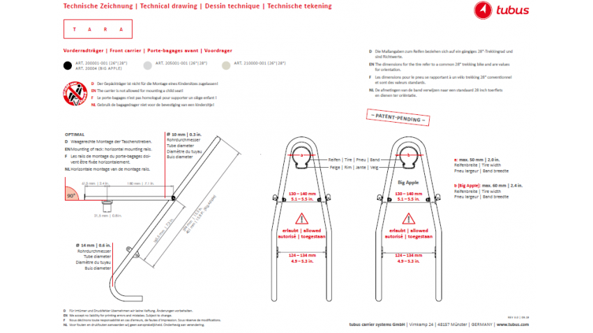 Tubus Porte Bagages avant Tara noir