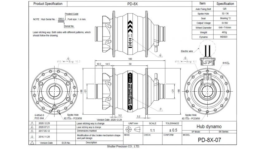 Moyeu PD8-X-110, noir, 32 trous, disque 6 trous, axe 15mm x 110