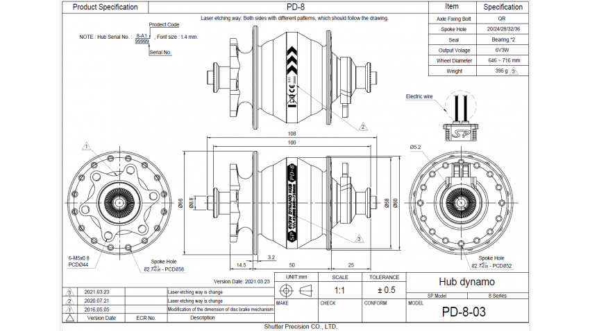 Moyeu PD8, noir, 36 trous, disque 6 trous